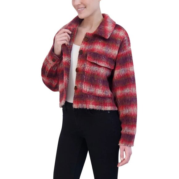 Vigoss M Brushed Plaid Crop Jacket Faux Fur Aztec Western Shacket Chest Pocket - Picture 9 of 11